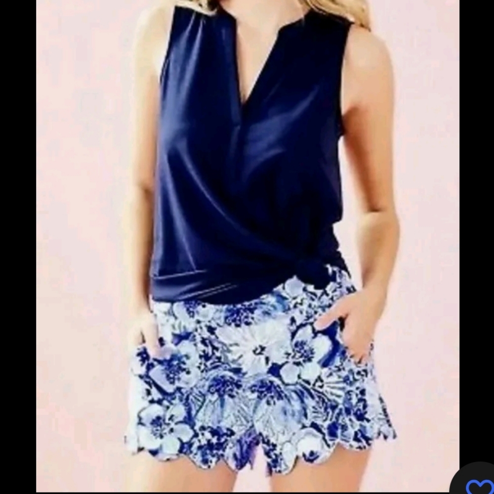 Lilly Pulitzer Navy Blue Sleeveless Top with Blue Floral Scallop Hem Shorts